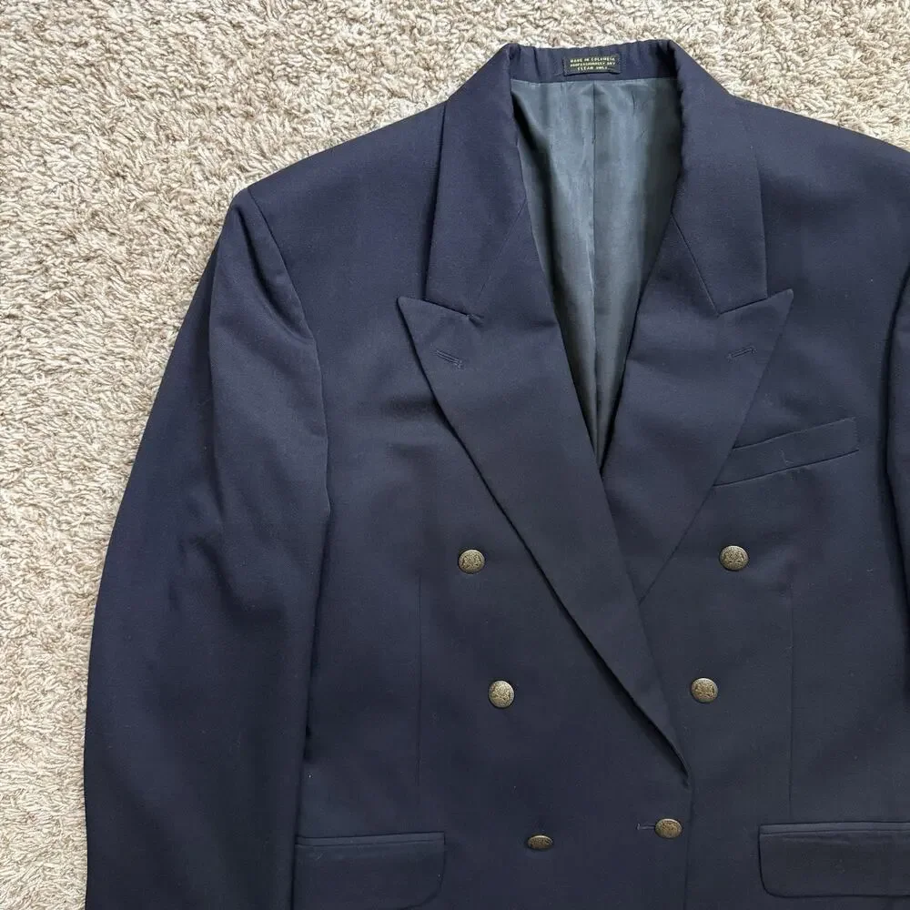 Vintage Oscar de la Renta Double Breasted 42R Navy Blue Wool Gold Button Blazer